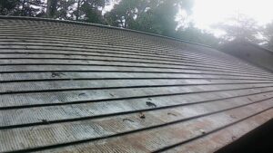 茅野市H様邸の屋根表面に見られる色あせと汚れの劣化写真